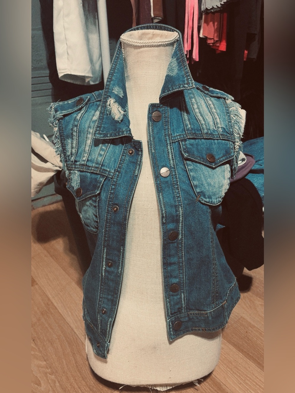 Daytrip Distressed Blue Denim Sleeveless Jacket Vest